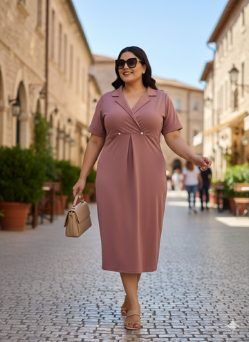 Plus Size Women Notch Collar Button Midi Dress