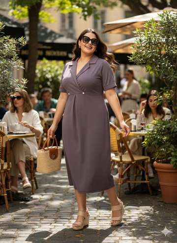Plus Size Women Notch Collar Button Midi Dress