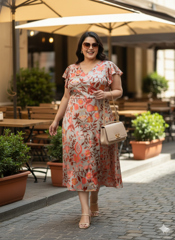 Plus Size Printed Flutter Sleeves A-Line Maxi Dress
