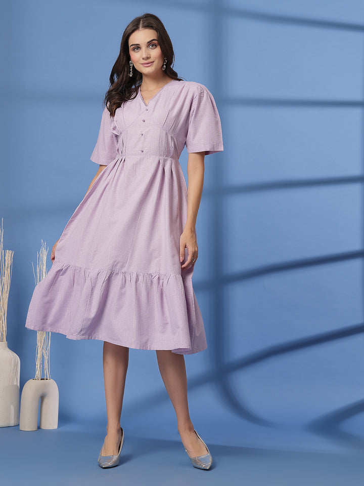 Women Cotton Fit & Flare V Neck Short Sleeves Midi Dress