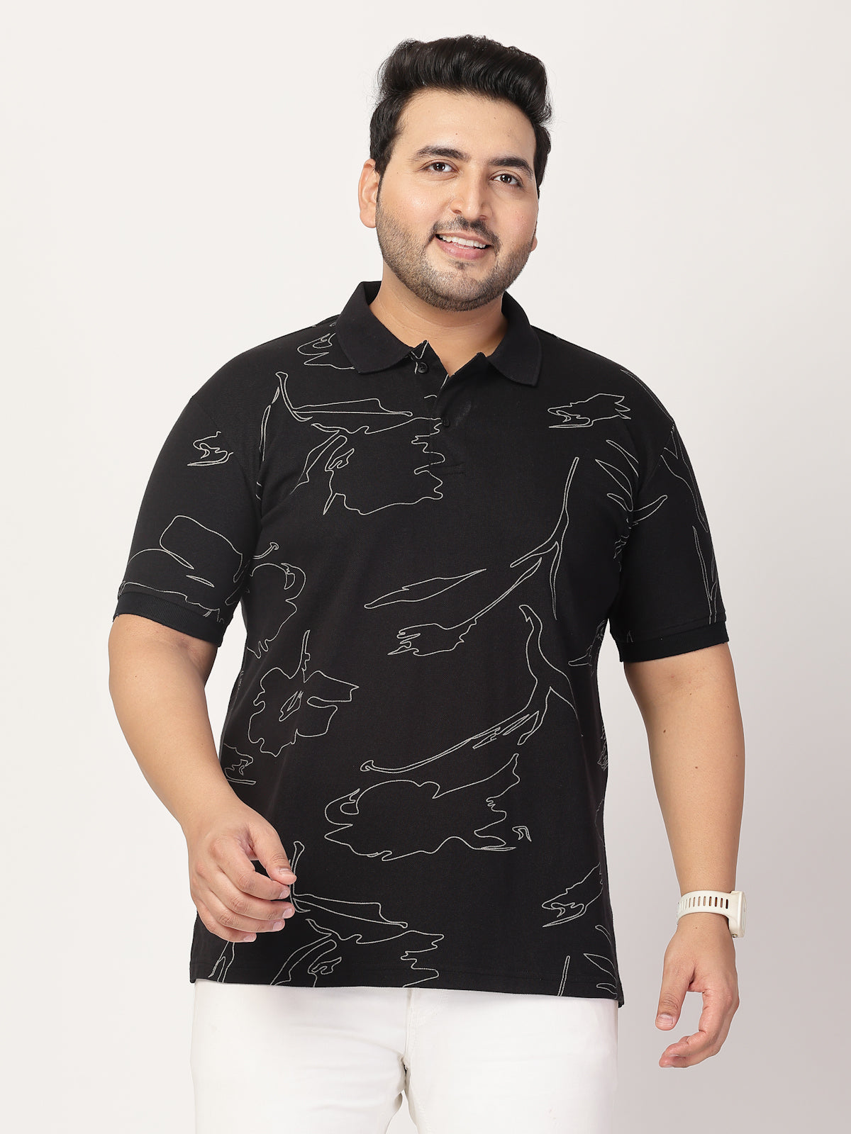 Men Abstract Printed Polo Collar Cotton Plus Size T-shirt