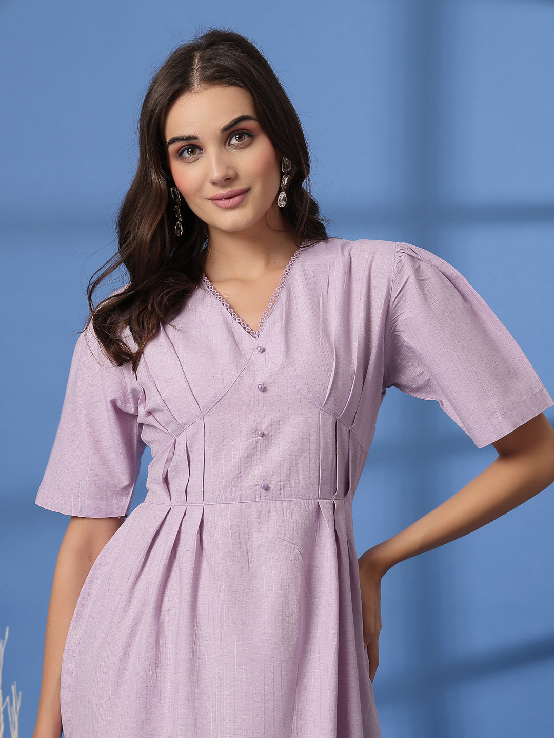 Women Cotton Fit & Flare V Neck Short Sleeves Midi Dress