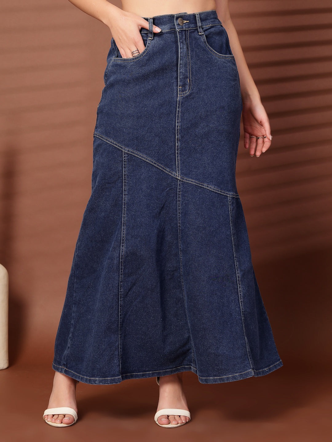 Denim Mermaid Flared Maxi Skirts