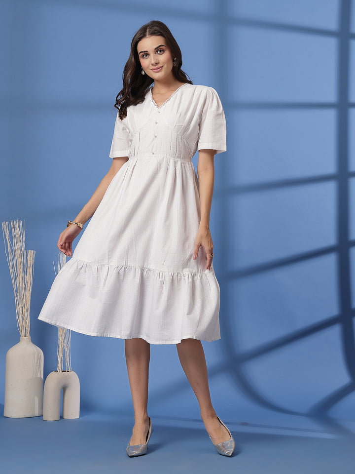 Fit & Flare Cotton Tiered V-Neck Midi Dress