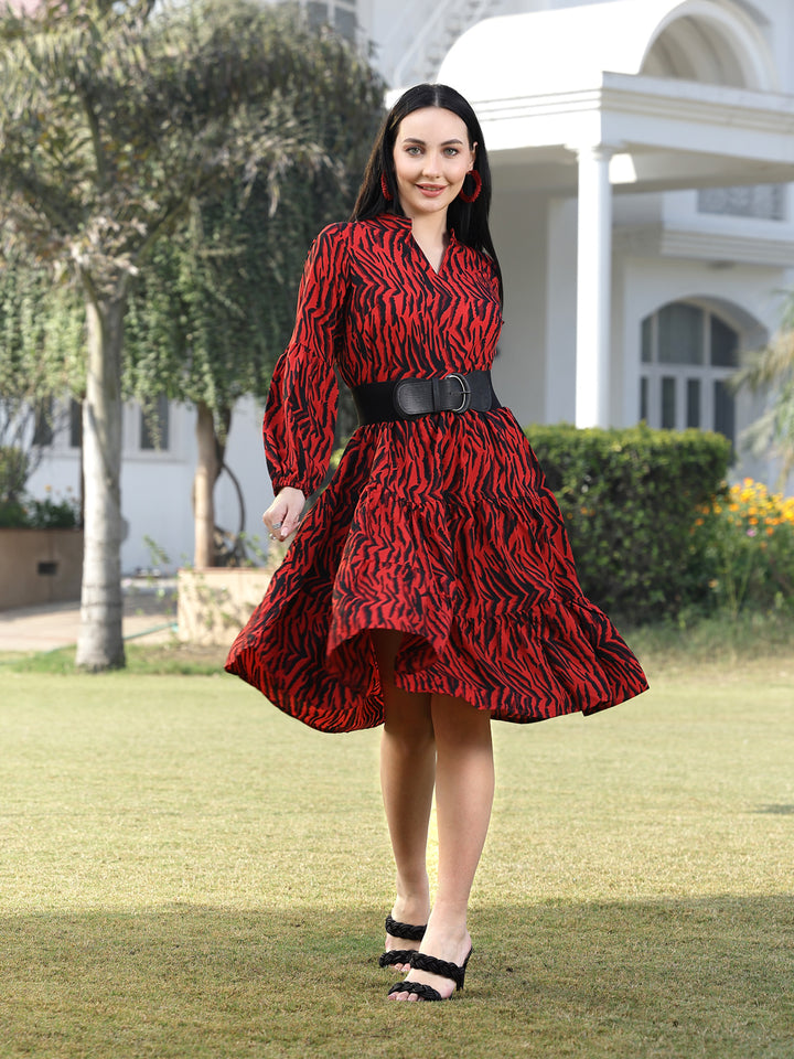 Print Puff Sleeve Fit & Flare Dress