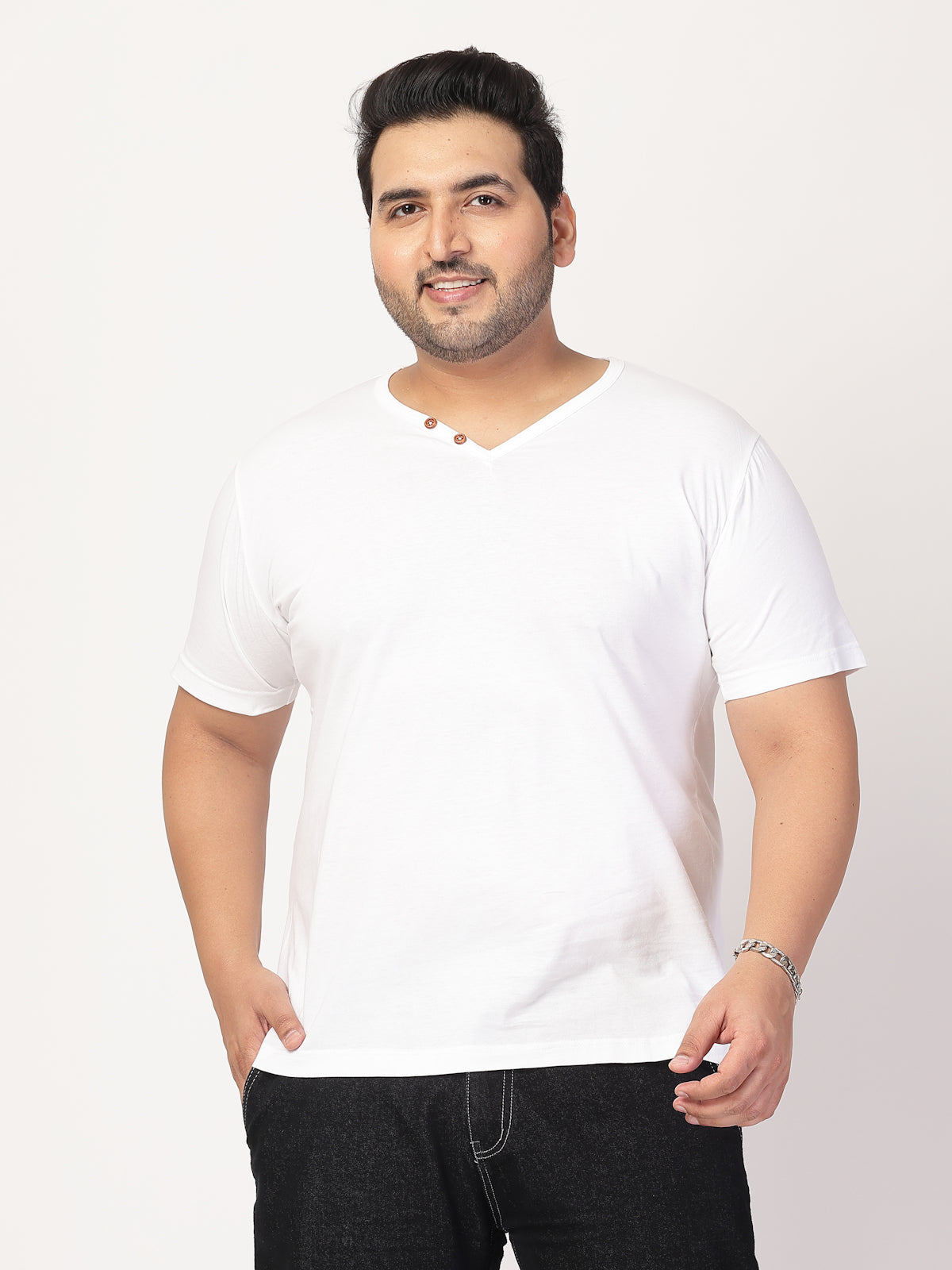 Men Solid V-Neck Cotton Plus Size T-shirt