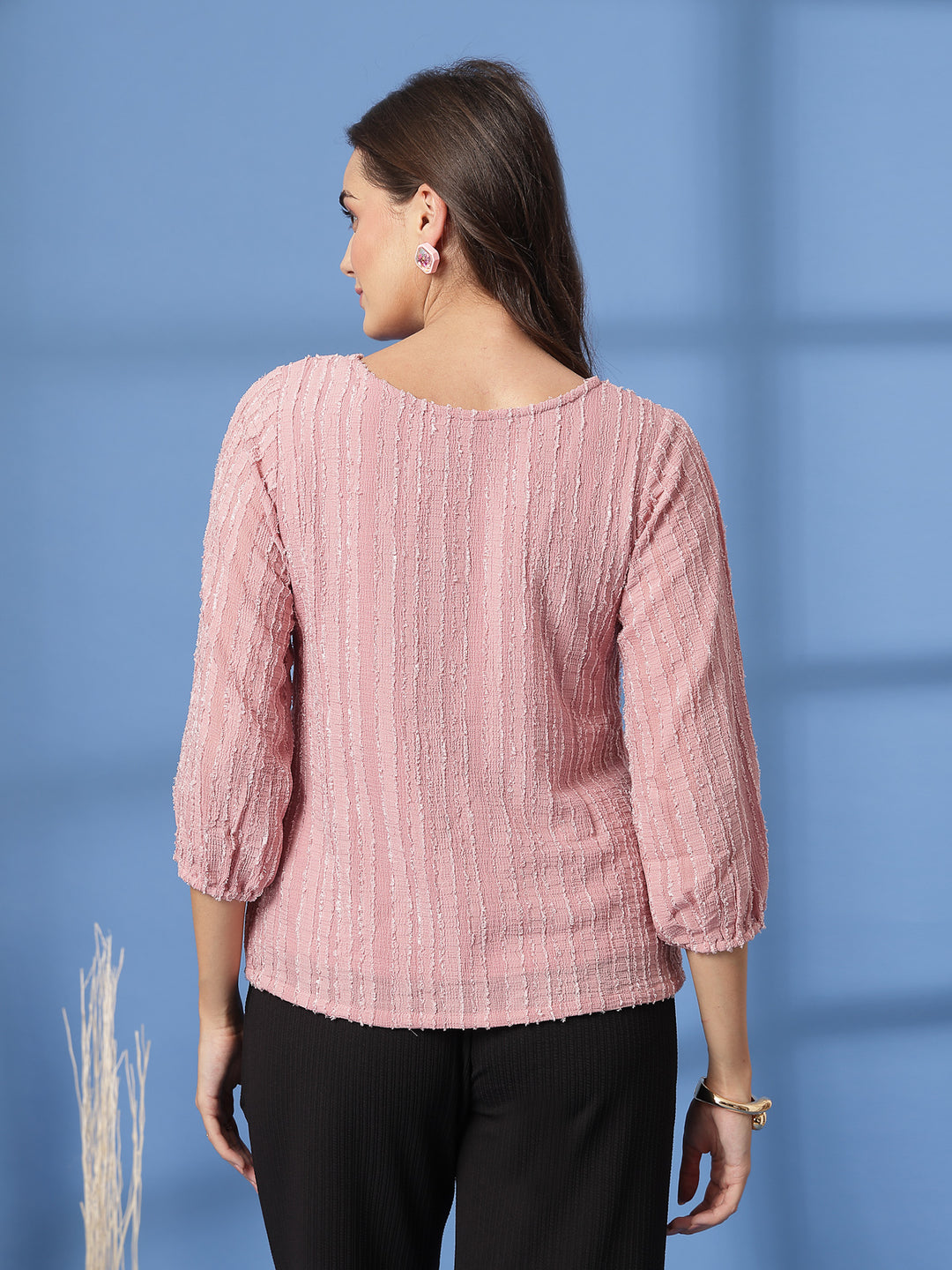 Women Round Neck Three-Quarter Puff Sleeve Top