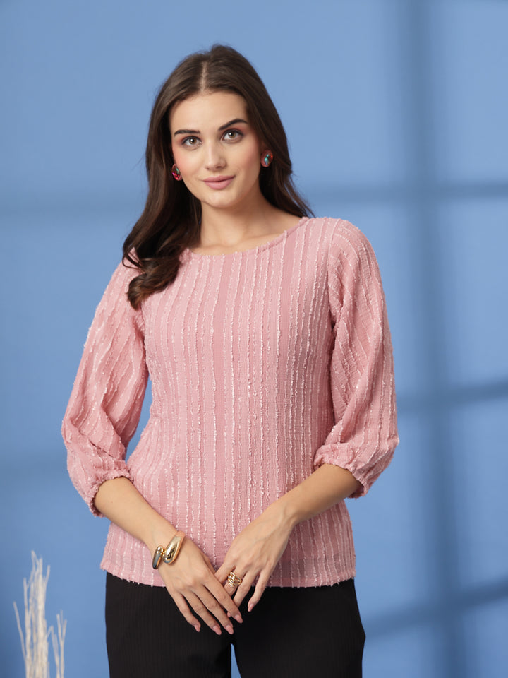 Women Round Neck Three-Quarter Puff Sleeve Top