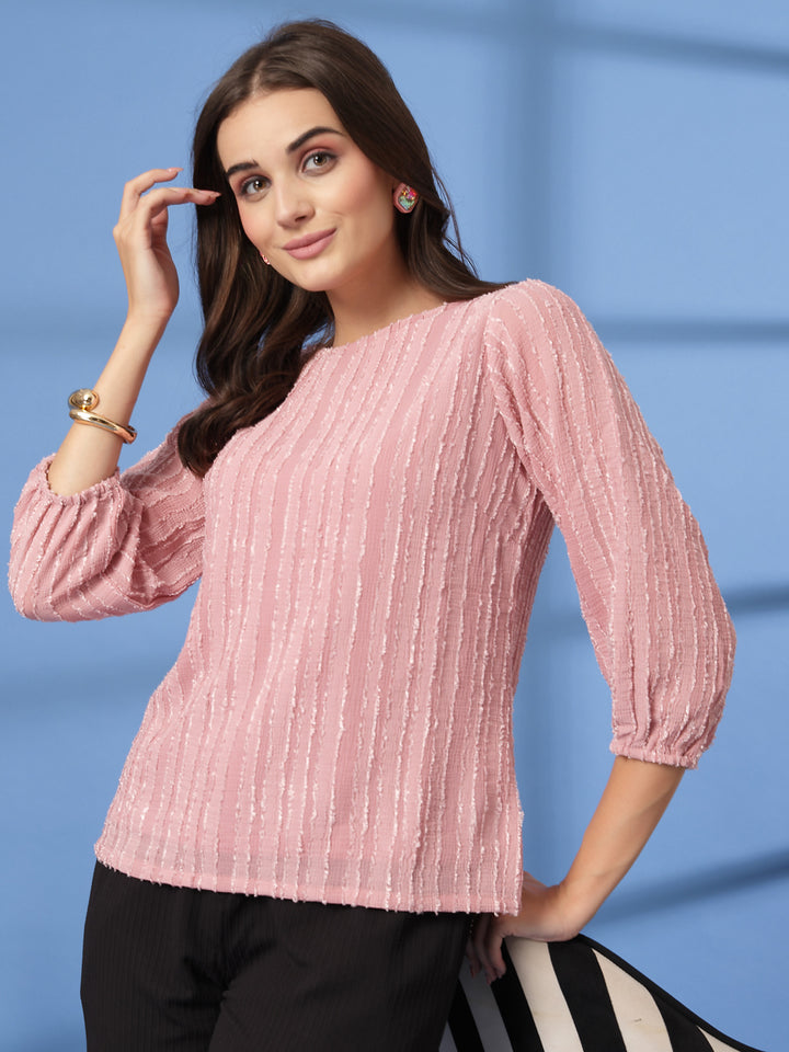 Women Round Neck Three-Quarter Puff Sleeve Top