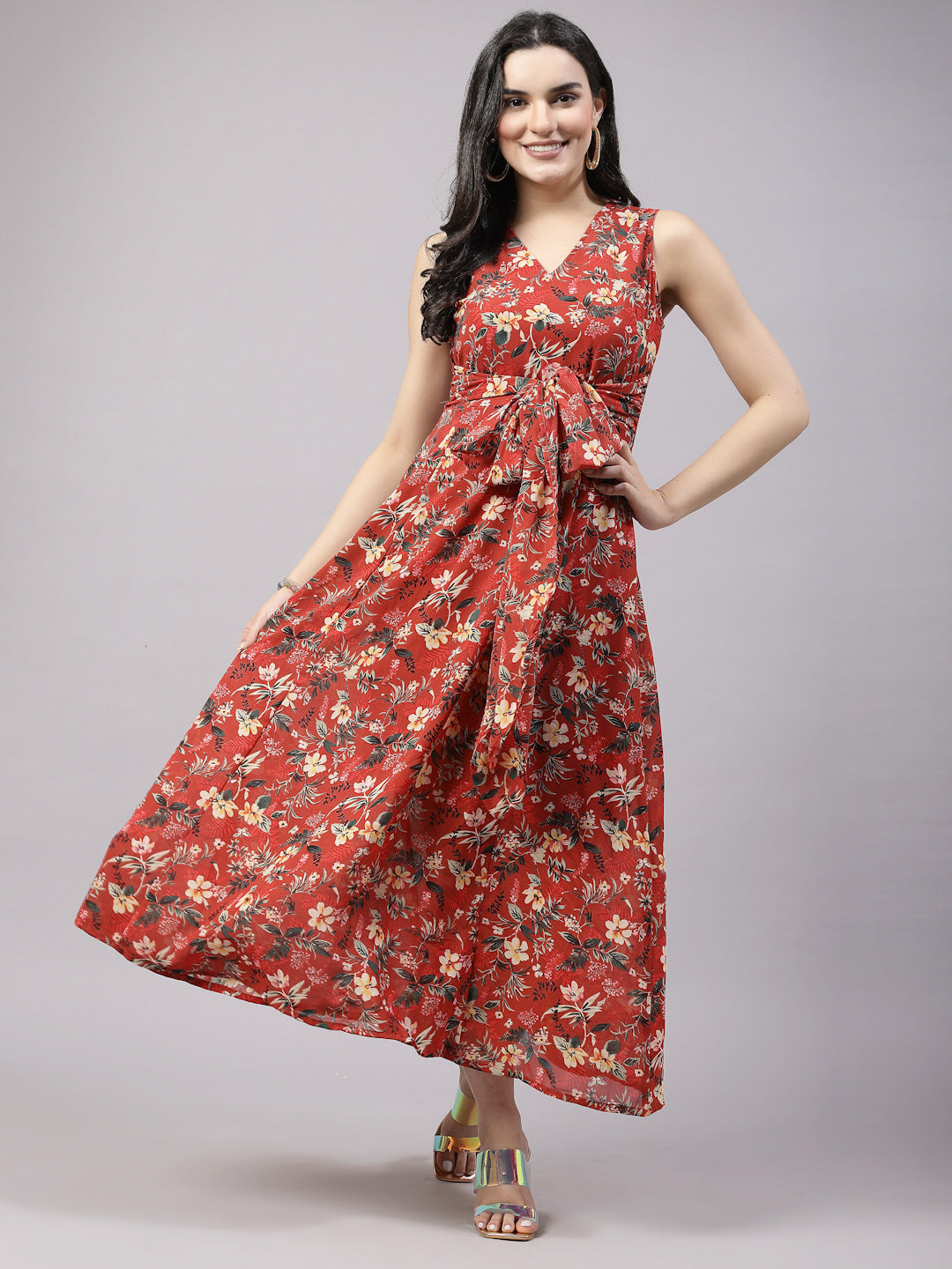 Red Floral Print Maxi Dress