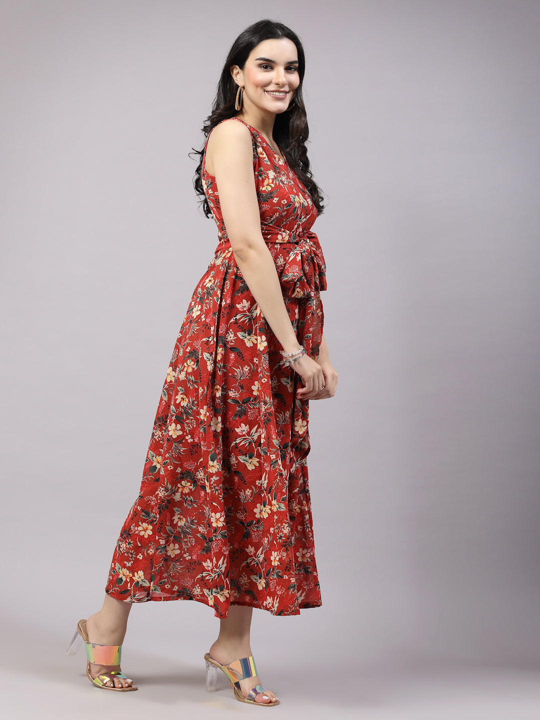 Red Floral Print Maxi Dress