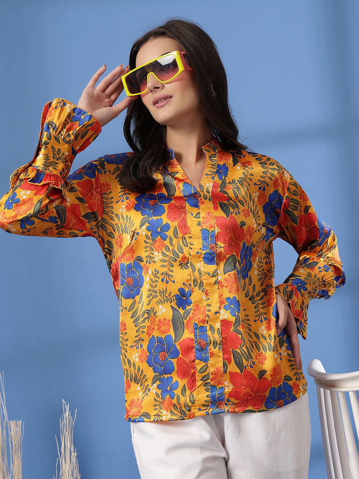 Floral Print Mandarin Collar Bell Sleeve Shirt Style Top