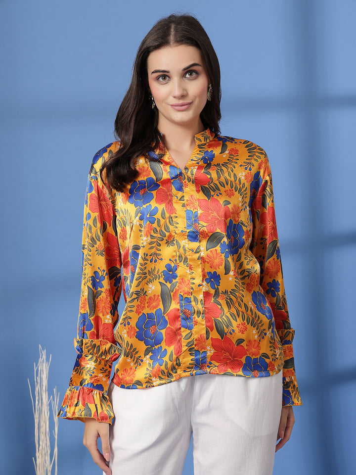 Floral Print Mandarin Collar Bell Sleeve Shirt Style Top