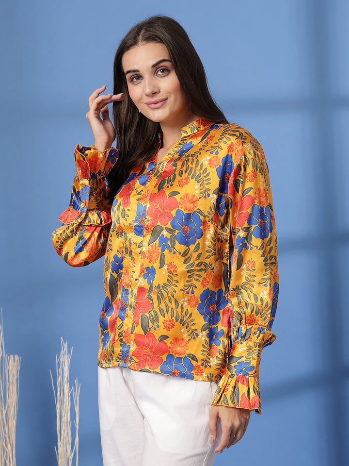 Floral Print Mandarin Collar Bell Sleeve Shirt Style Top