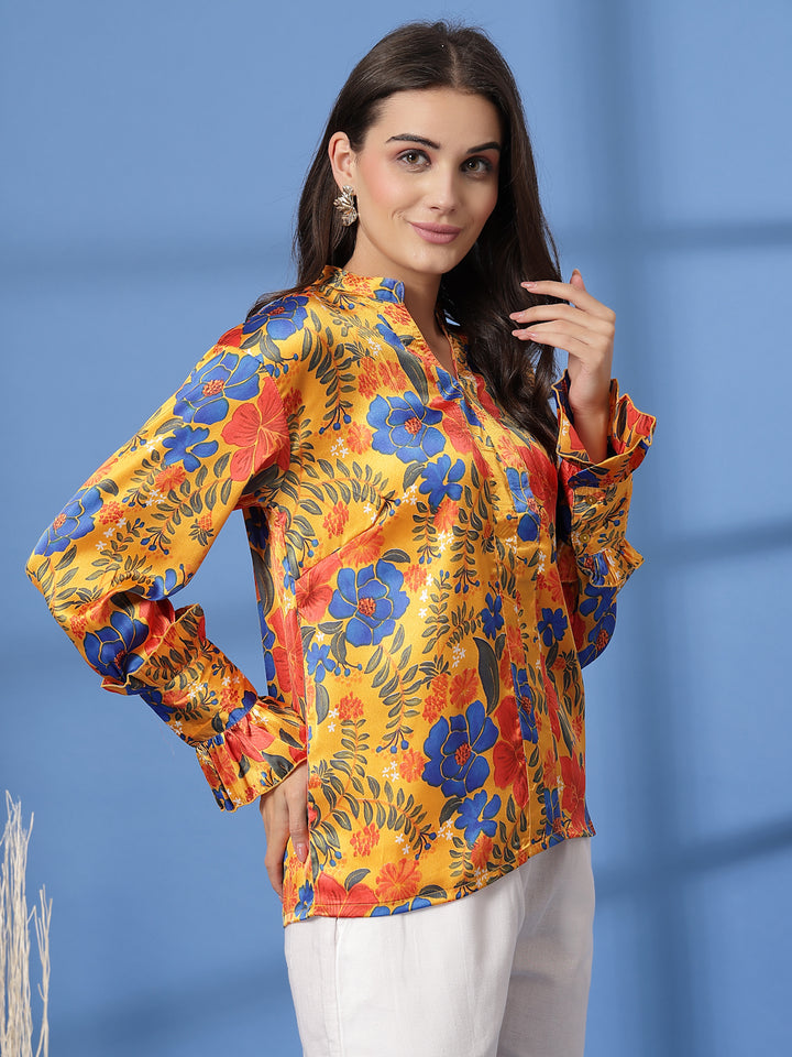 Floral Print Mandarin Collar Bell Sleeve Shirt Style Top