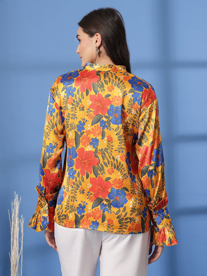 Floral Print Mandarin Collar Bell Sleeve Shirt Style Top