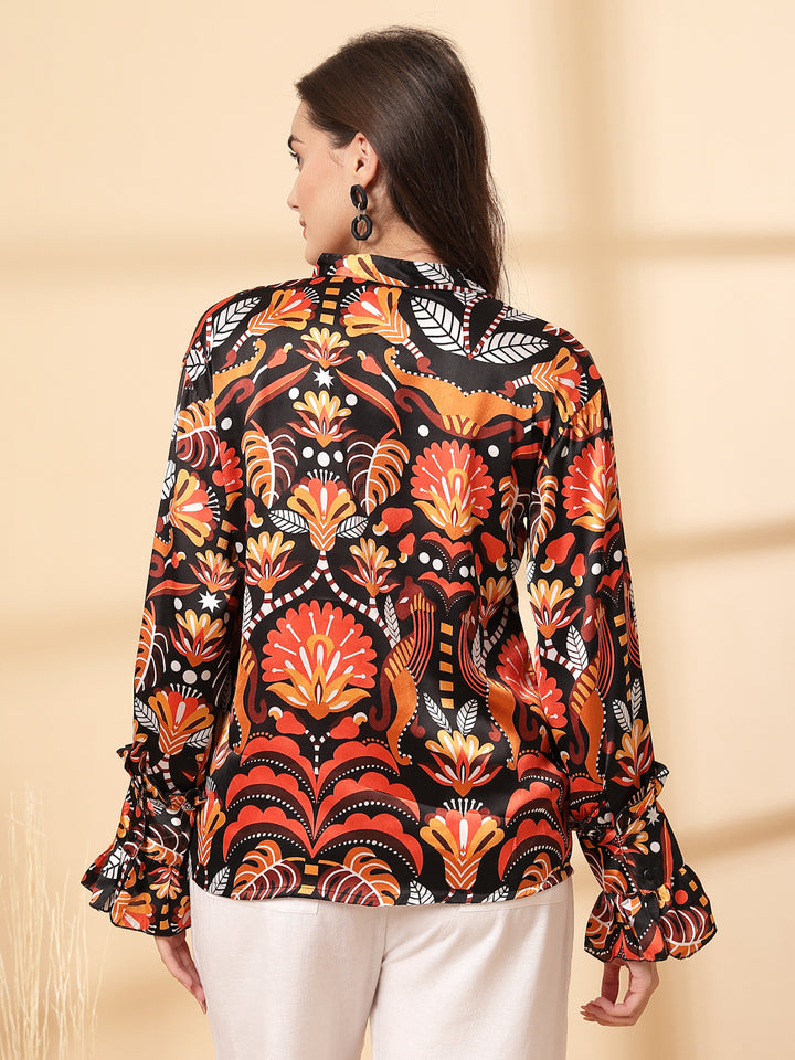 Floral Print Mandarin Collar Bell Sleeve Shirt Style Top