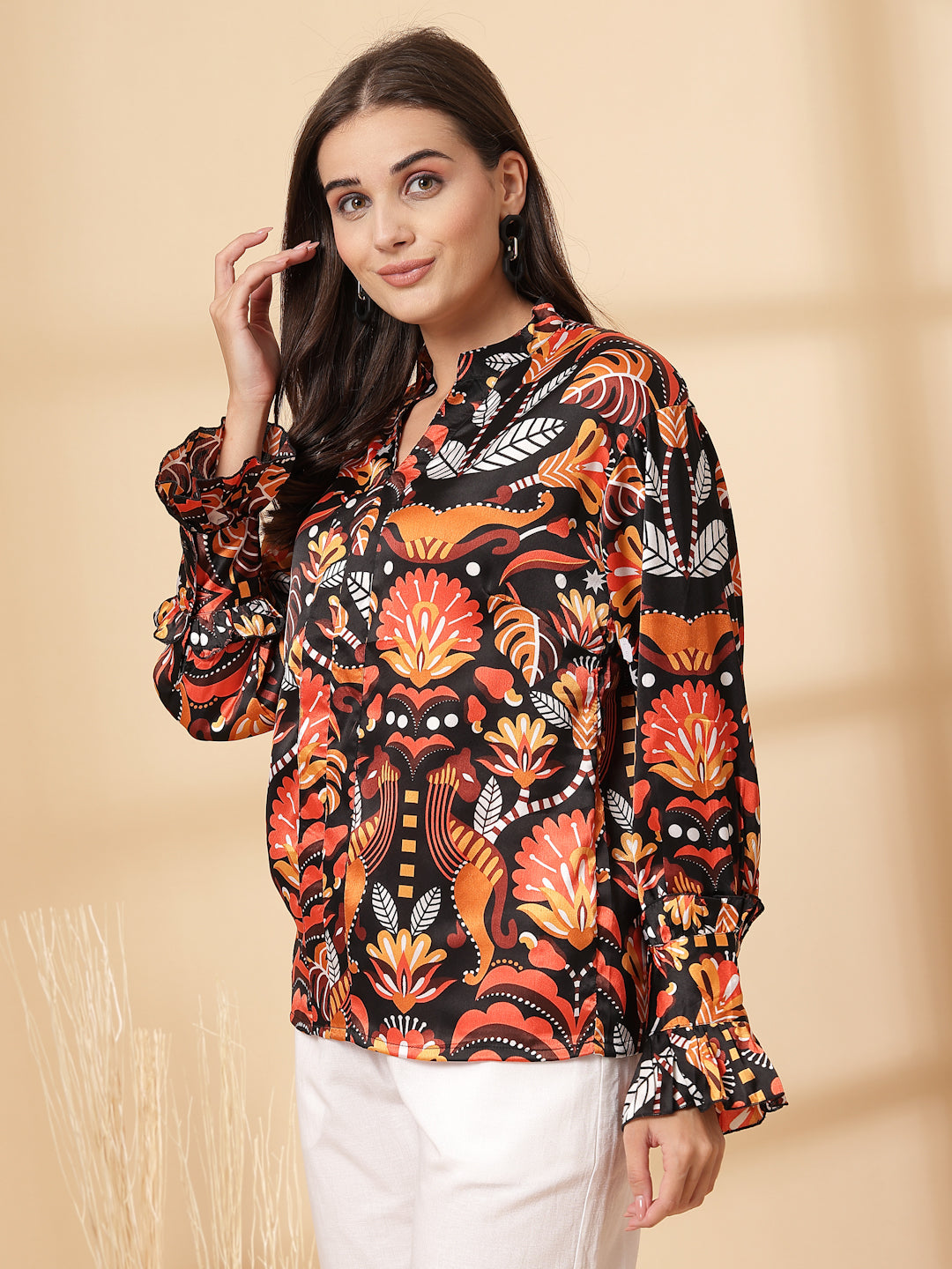 Floral Print Mandarin Collar Bell Sleeve Shirt Style Top