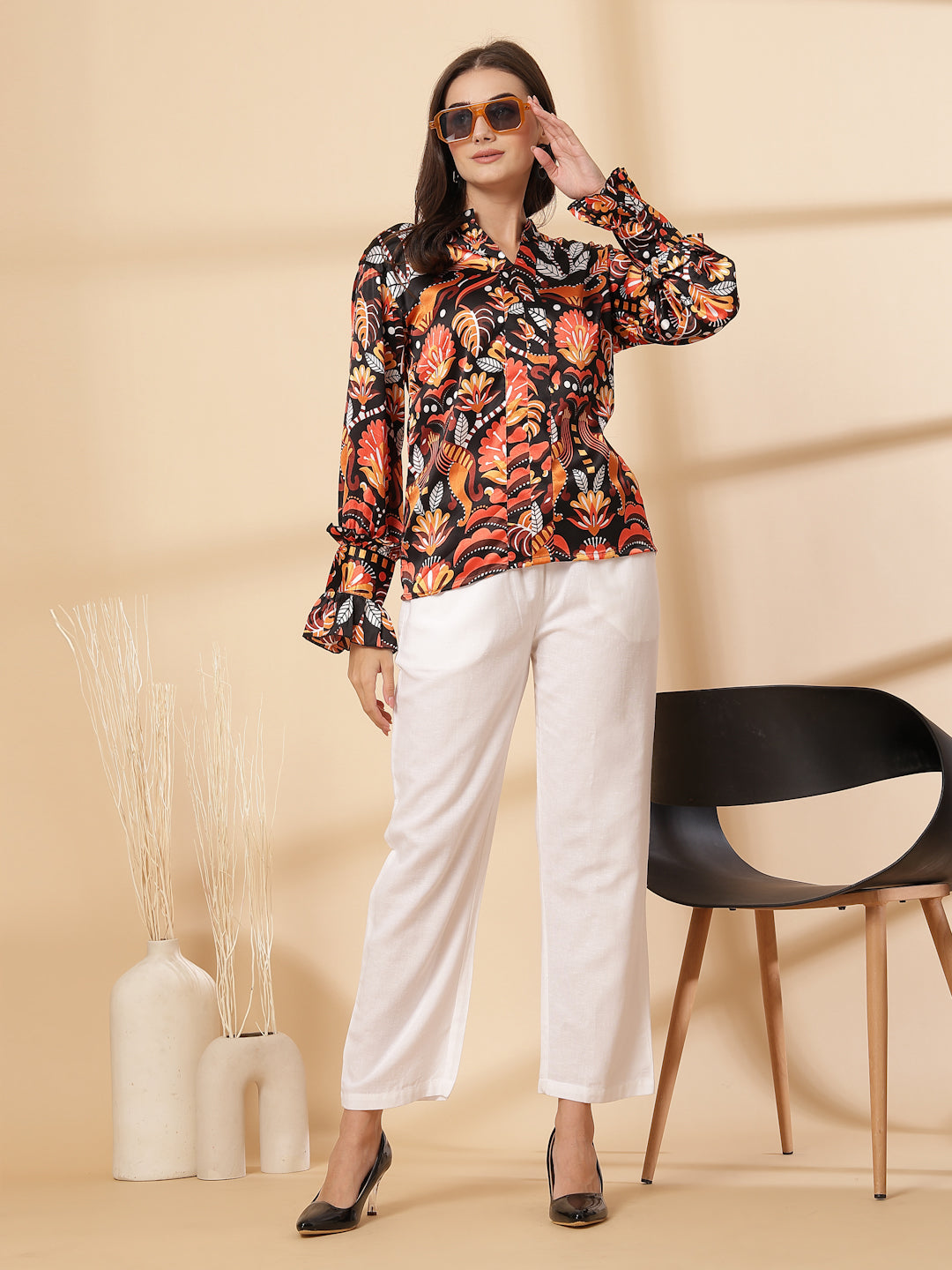 Floral Print Mandarin Collar Bell Sleeve Shirt Style Top