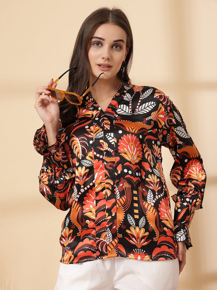 Floral Print Mandarin Collar Bell Sleeve Shirt Style Top