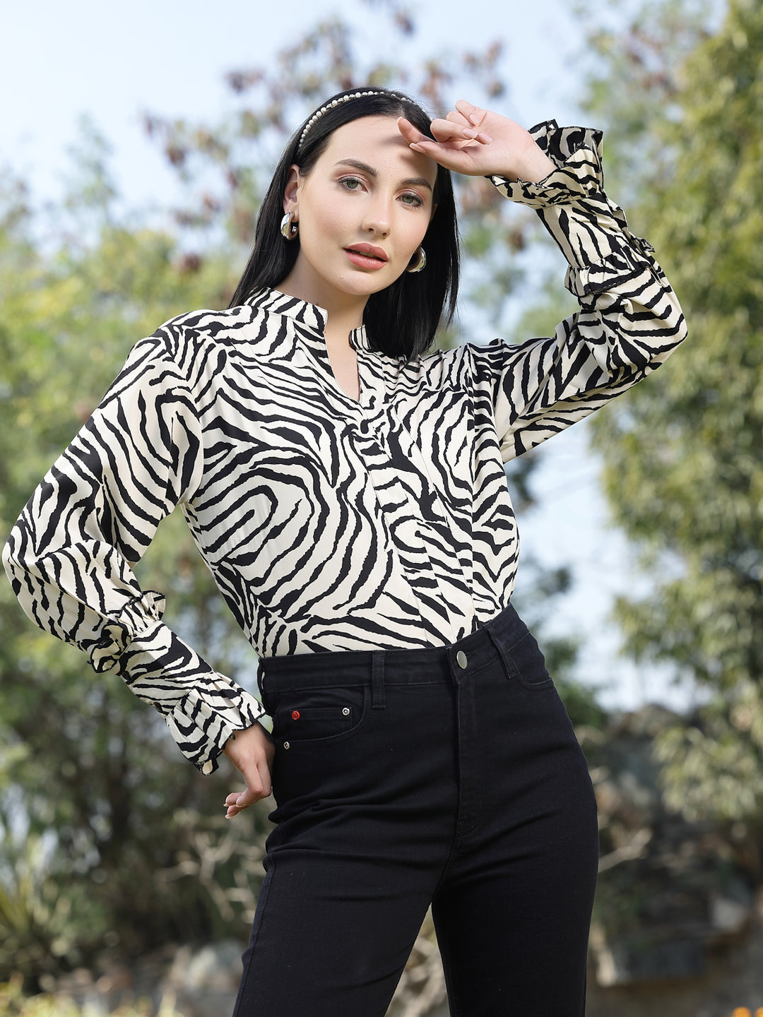 Animal Print Mandarin Collar Shirt Style Top