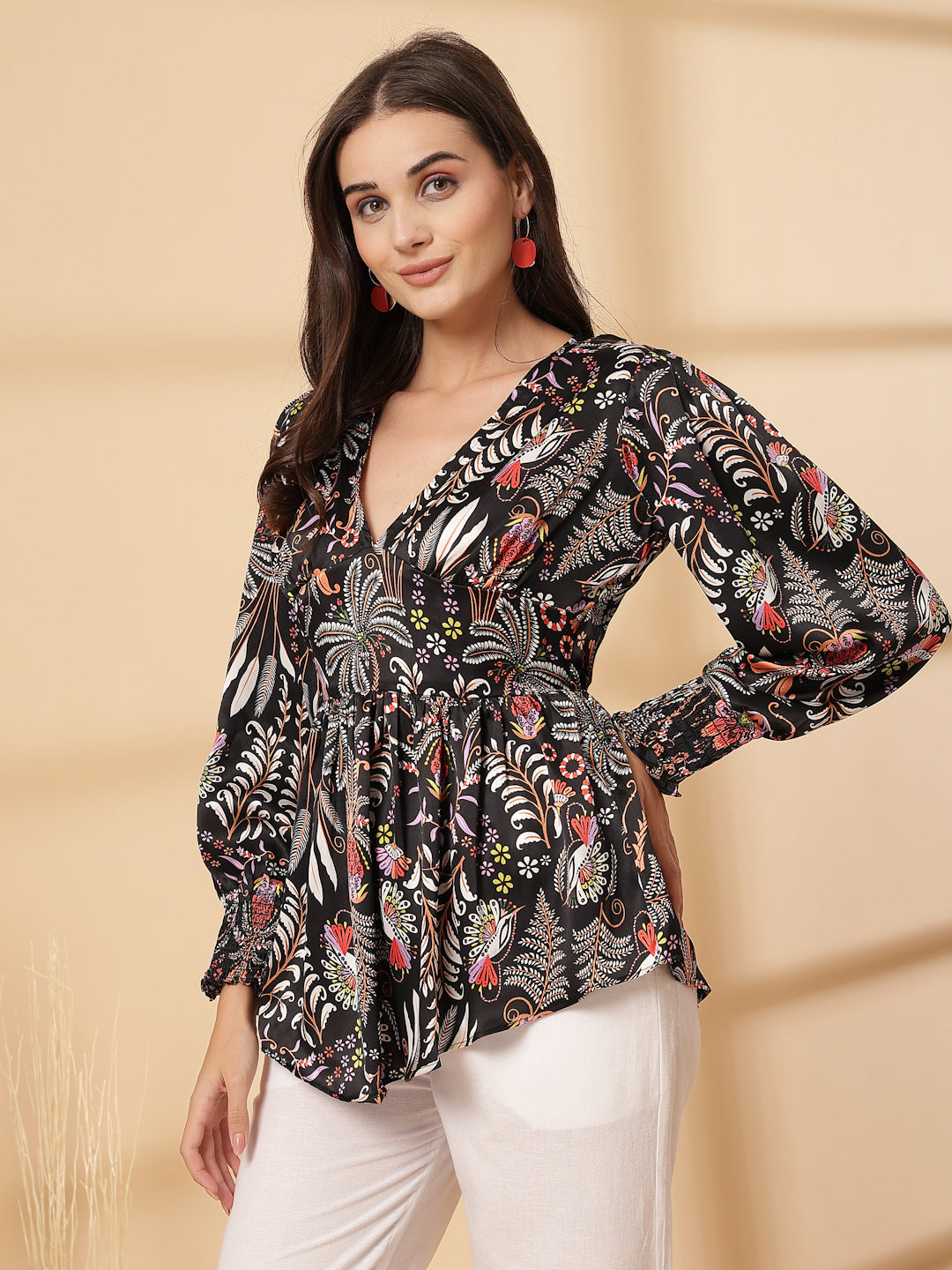 Women Floral Printed V-Neck Long Sleeves High-Low Top