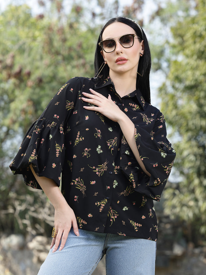 Black Floral Opaque Printed Casual Shirt