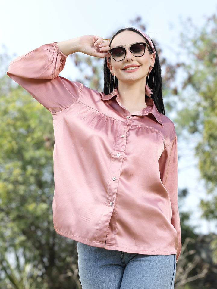 Pink Spread Collar Long Sleeves Opaque Casual Shirt