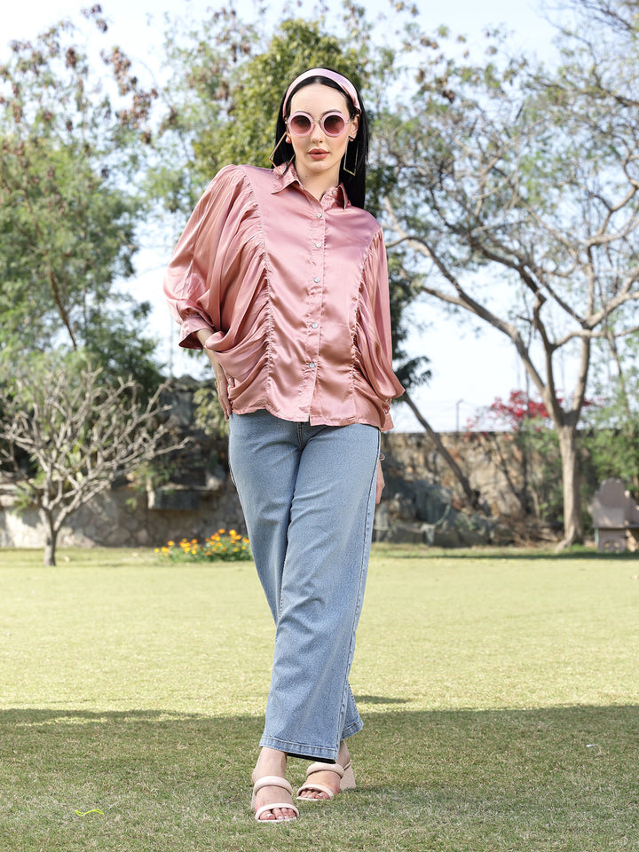 Pink Spread Collar Kimono Sleeves Opaque Casual Shirt