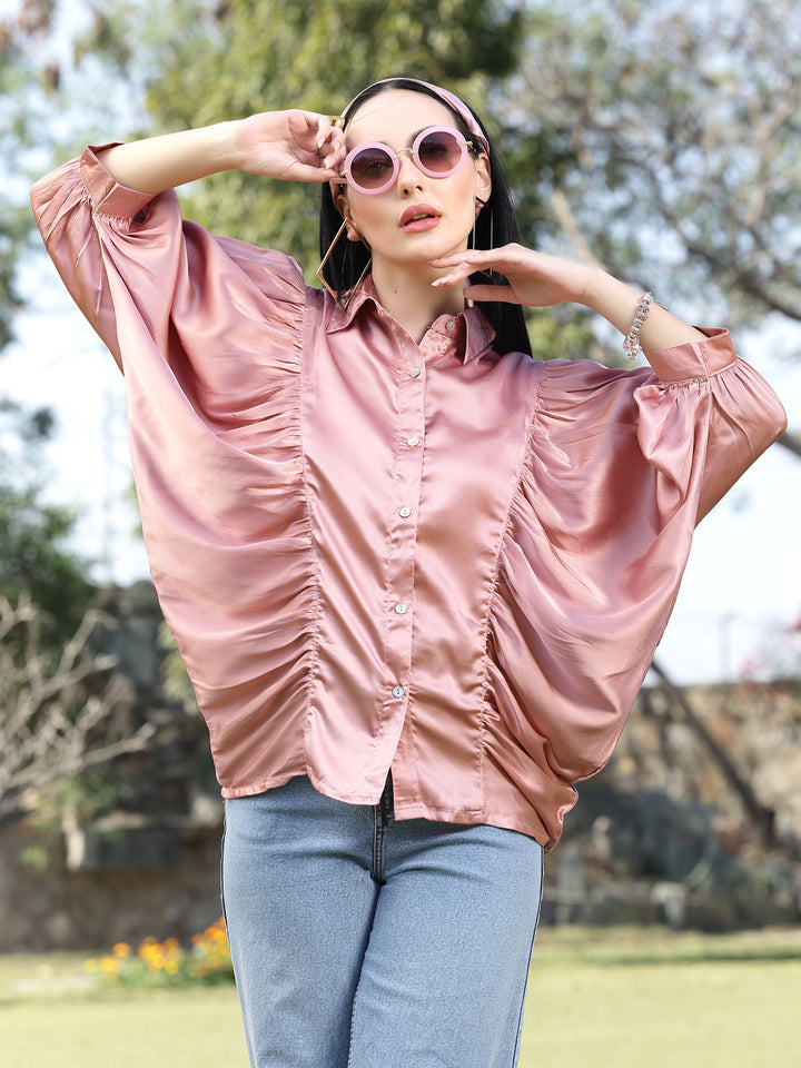 Pink Spread Collar Kimono Sleeves Opaque Casual Shirt