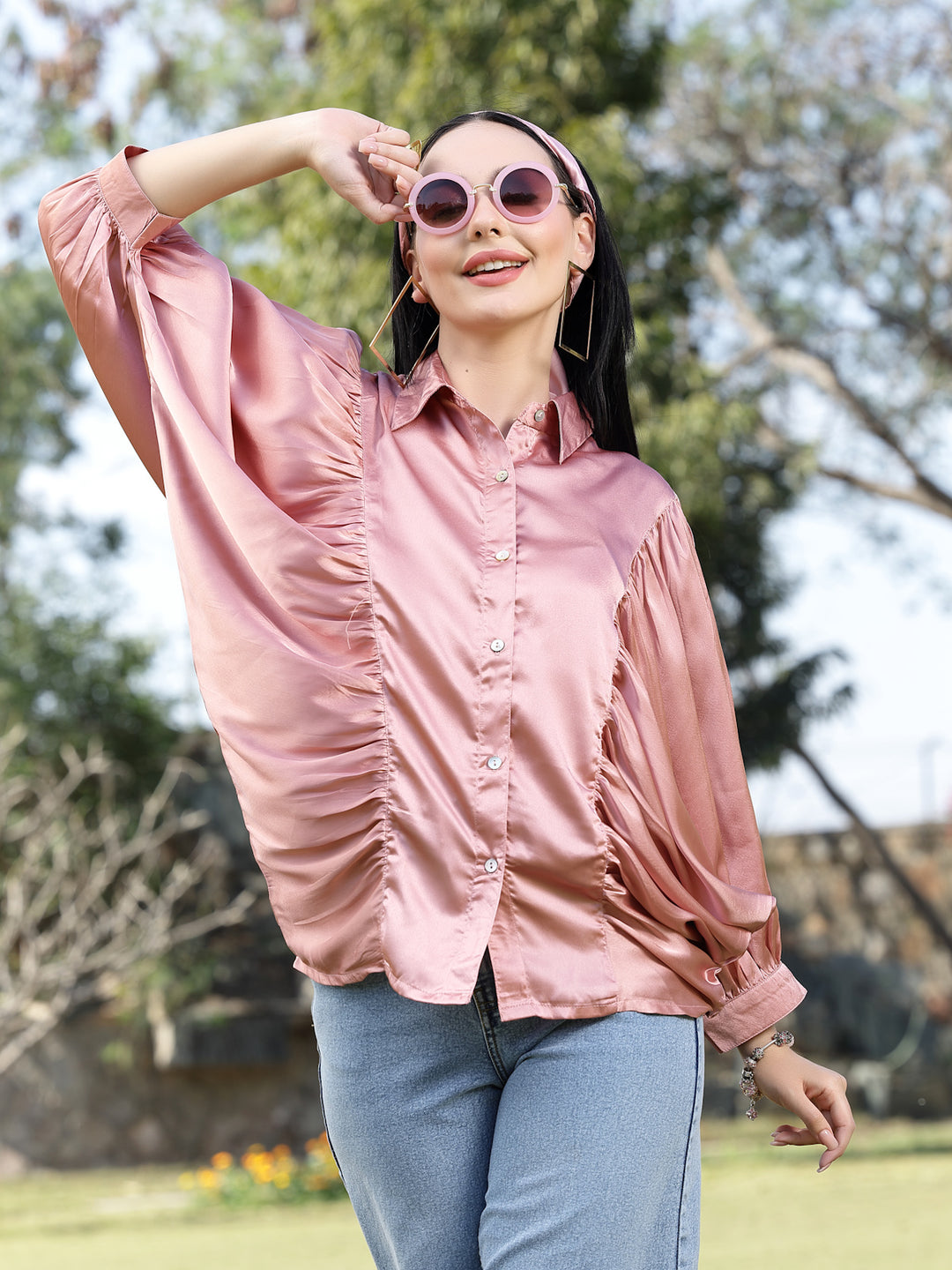 Pink Spread Collar Kimono Sleeves Opaque Casual Shirt