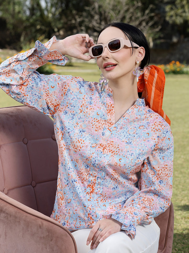 Floral Print Mandarin Collar Top