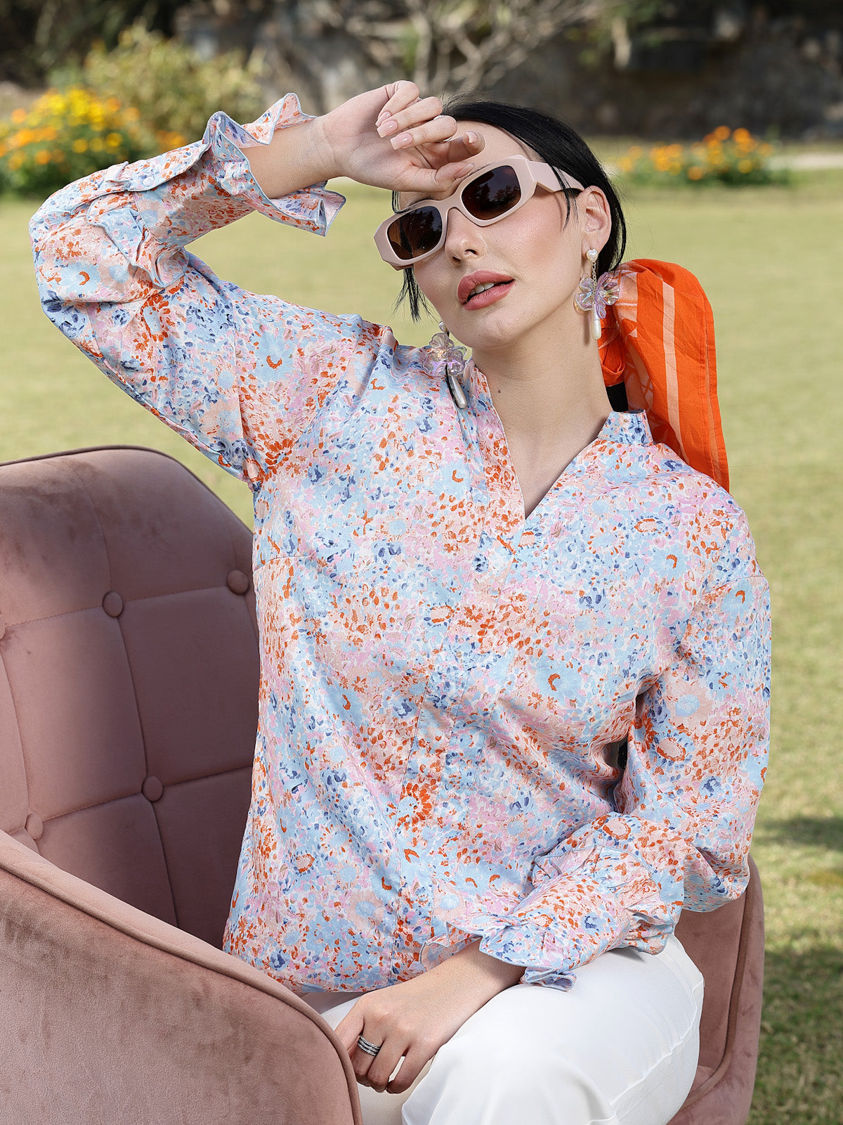 Floral Print Mandarin Collar Top