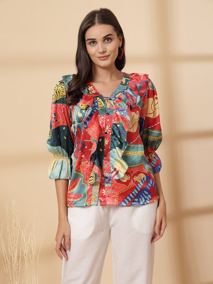 Women Abstract Printed Bell Sleeve Regular Top