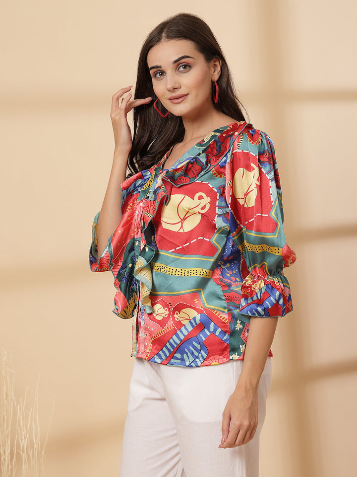 Women Abstract Printed Bell Sleeve Regular Top