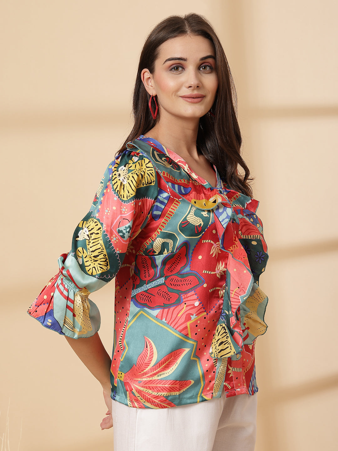 Women Abstract Printed Bell Sleeve Regular Top