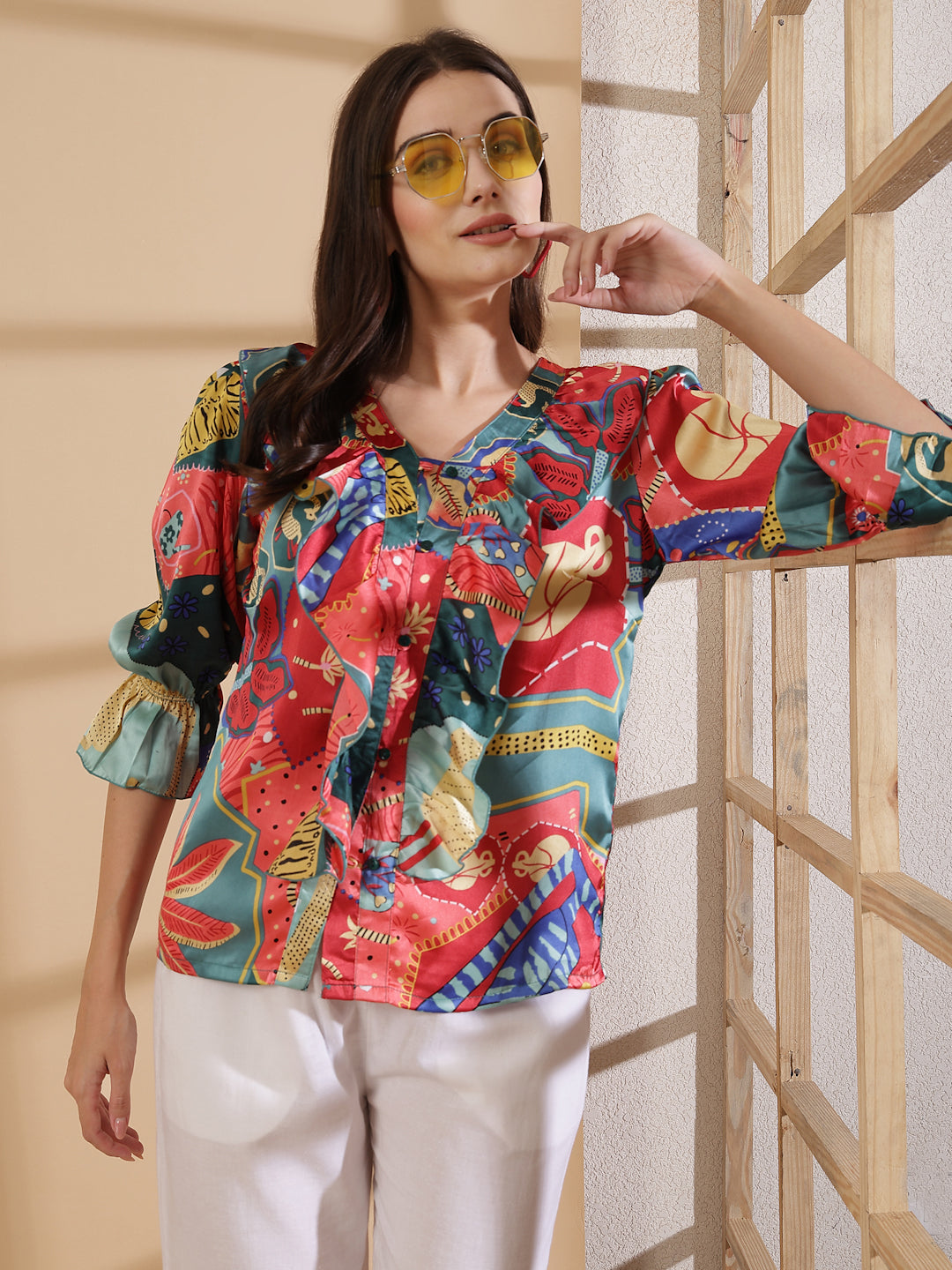 Women Abstract Printed Bell Sleeve Regular Top