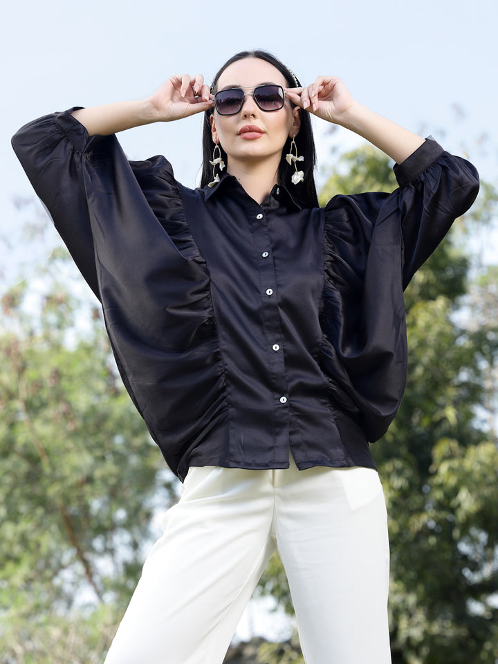 Black Spread Collar Opaque Casual Shirt