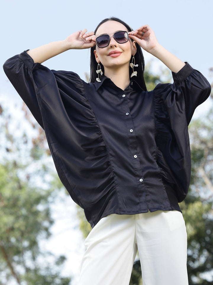 Black Spread Collar Opaque Casual Shirt