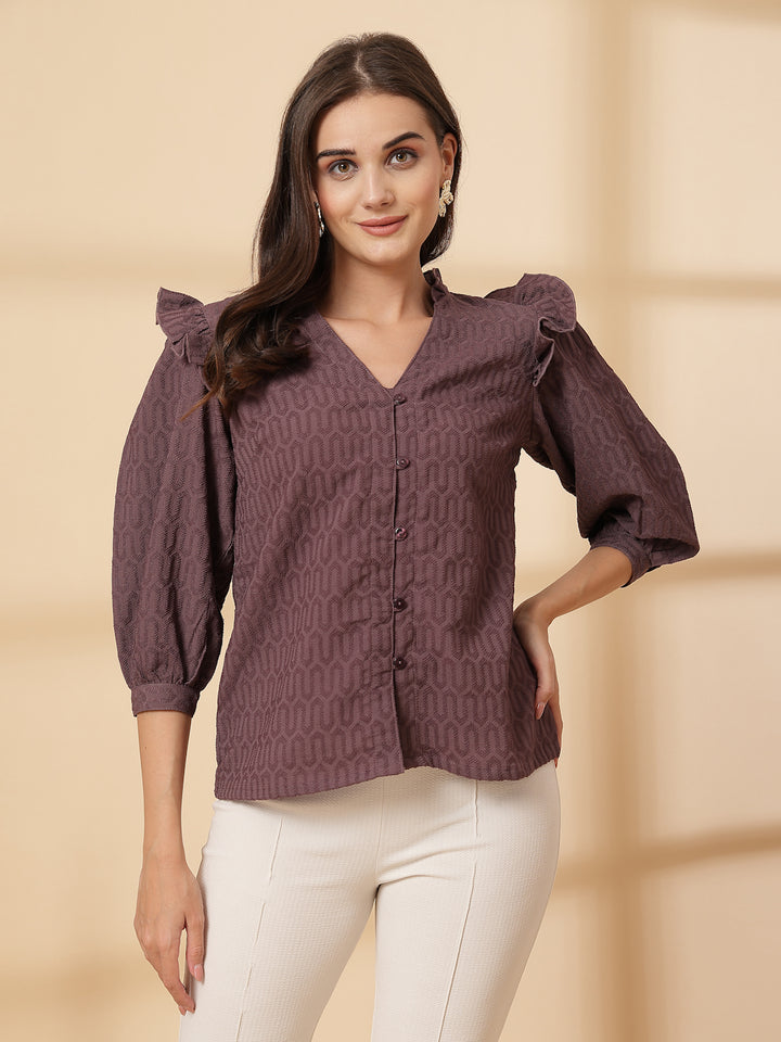 Geometric Shirt Cuffed Sleeves Style Top