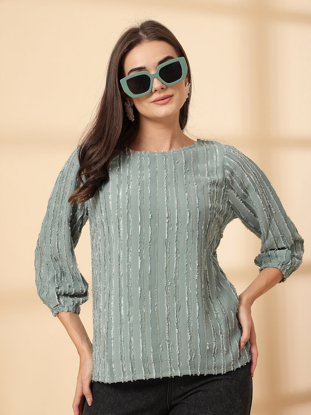 Women Self Design Puff Sleeve Regular Top