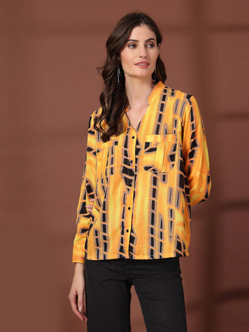 Print Mandarin Collar Puff Sleeve Cotton Top