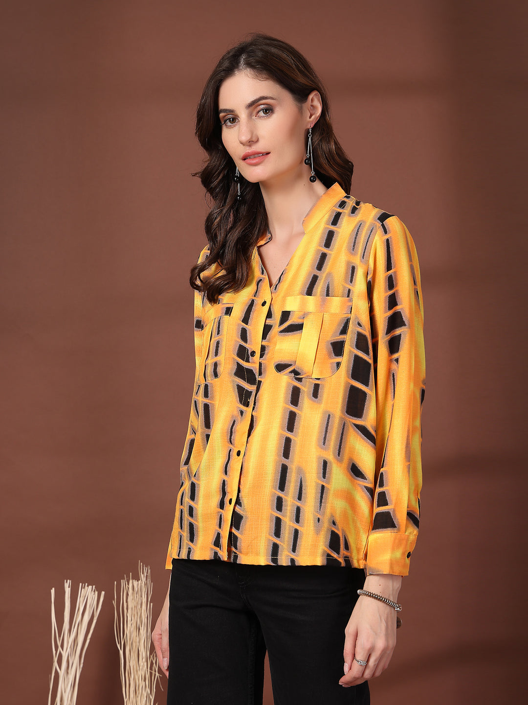 Print Mandarin Collar Puff Sleeve Cotton Top