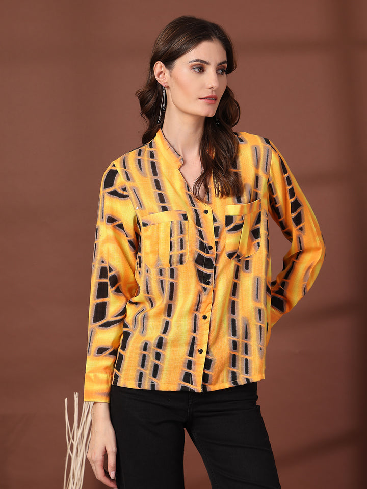 Print Mandarin Collar Puff Sleeve Cotton Top