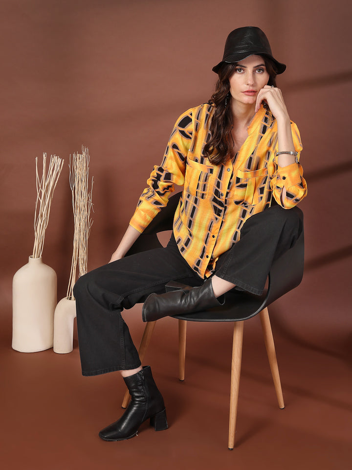 Print Mandarin Collar Puff Sleeve Cotton Top