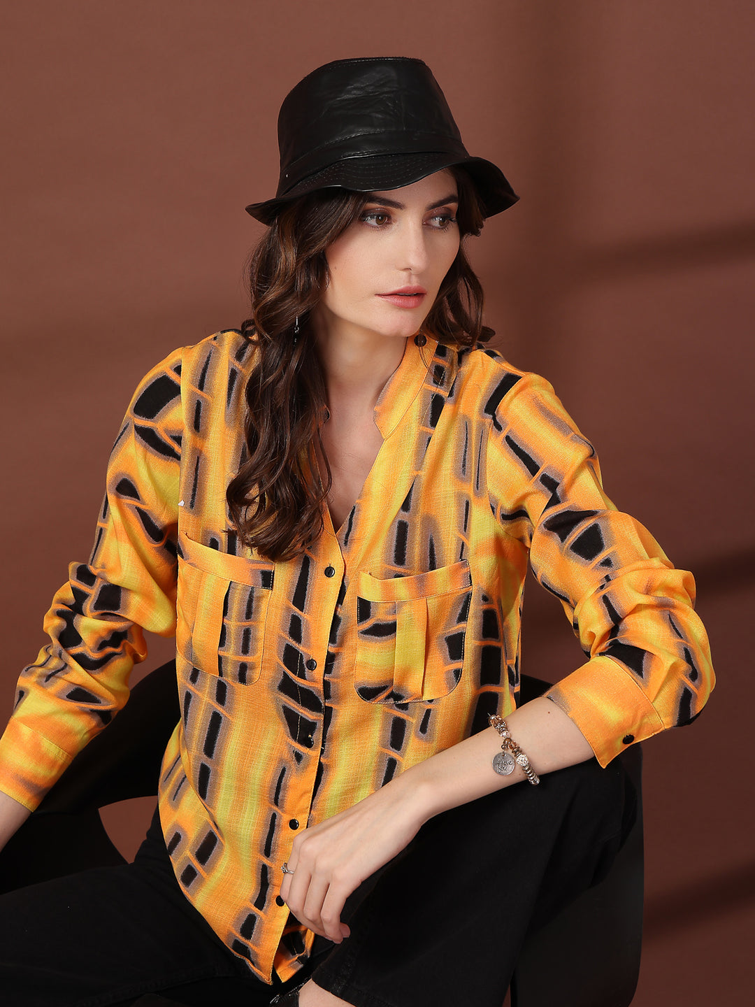 Print Mandarin Collar Puff Sleeve Cotton Top