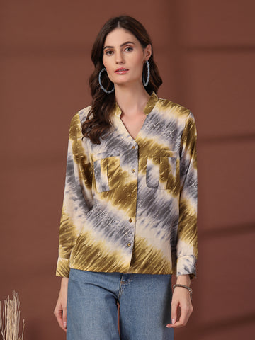 Print Mandarin Collar Puff Sleeve Cotton Top