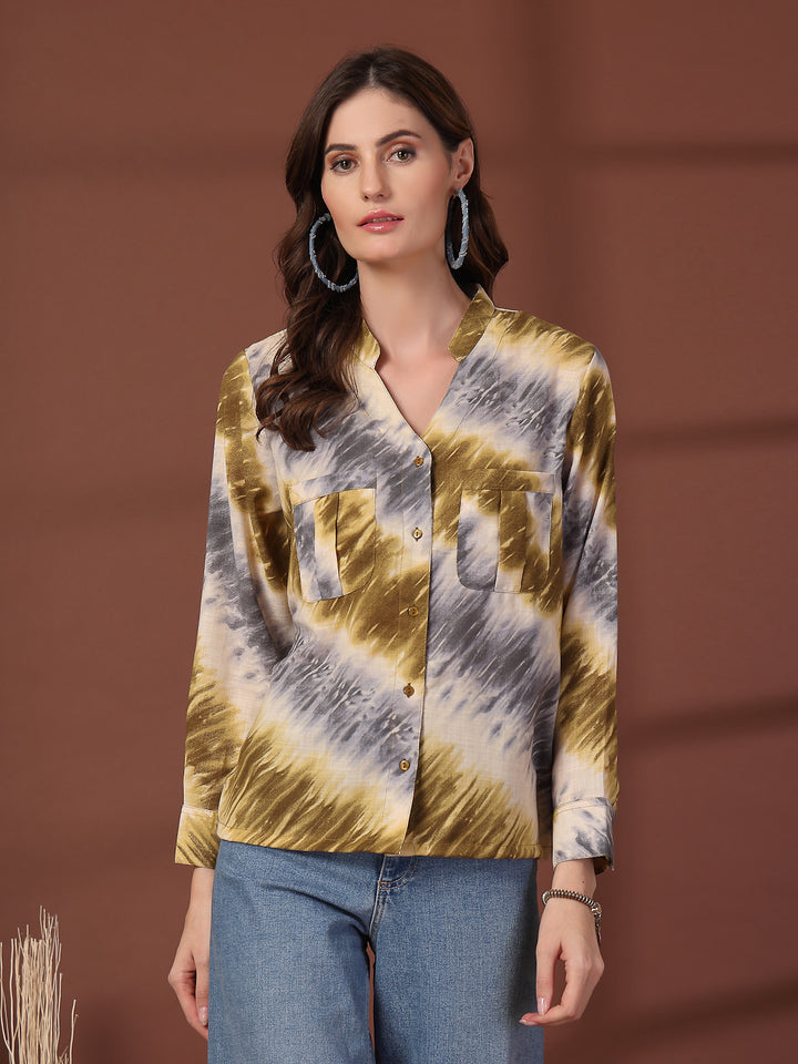 Print Mandarin Collar Puff Sleeve Cotton Top