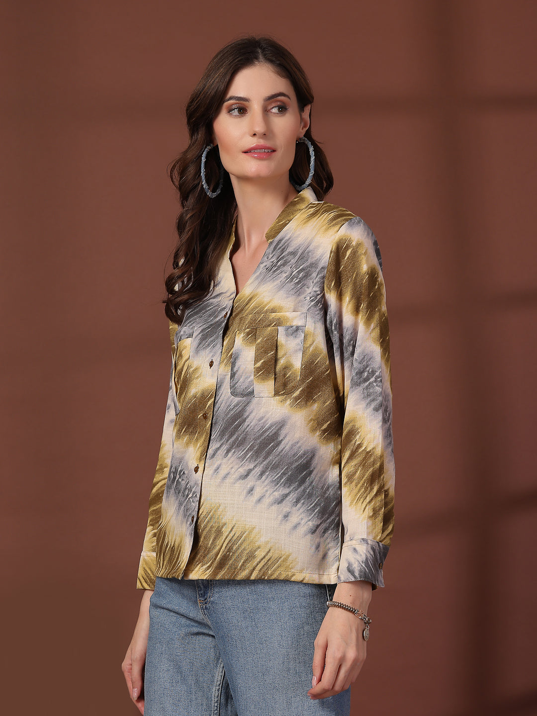 Print Mandarin Collar Puff Sleeve Cotton Top