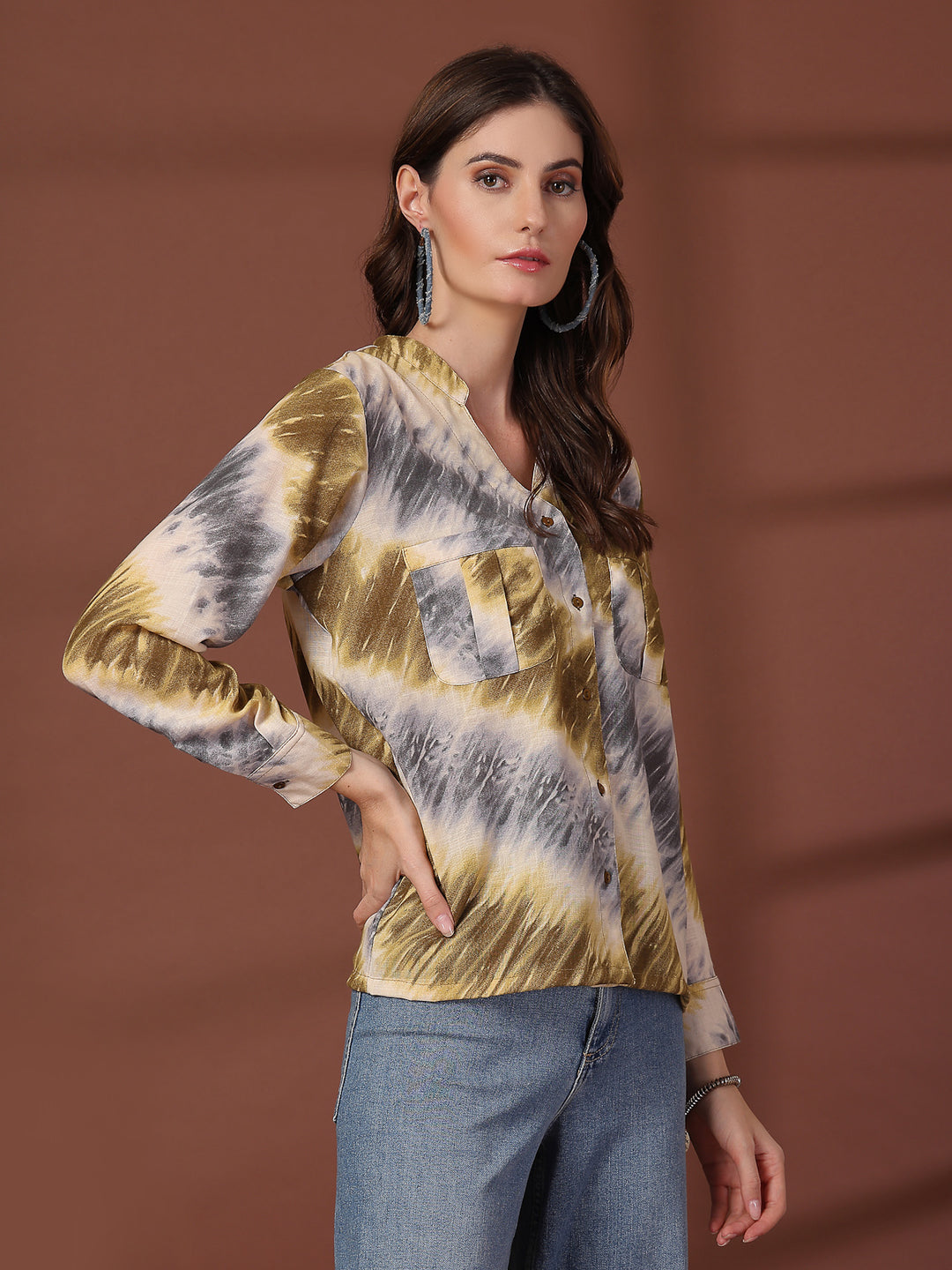 Print Mandarin Collar Puff Sleeve Cotton Top